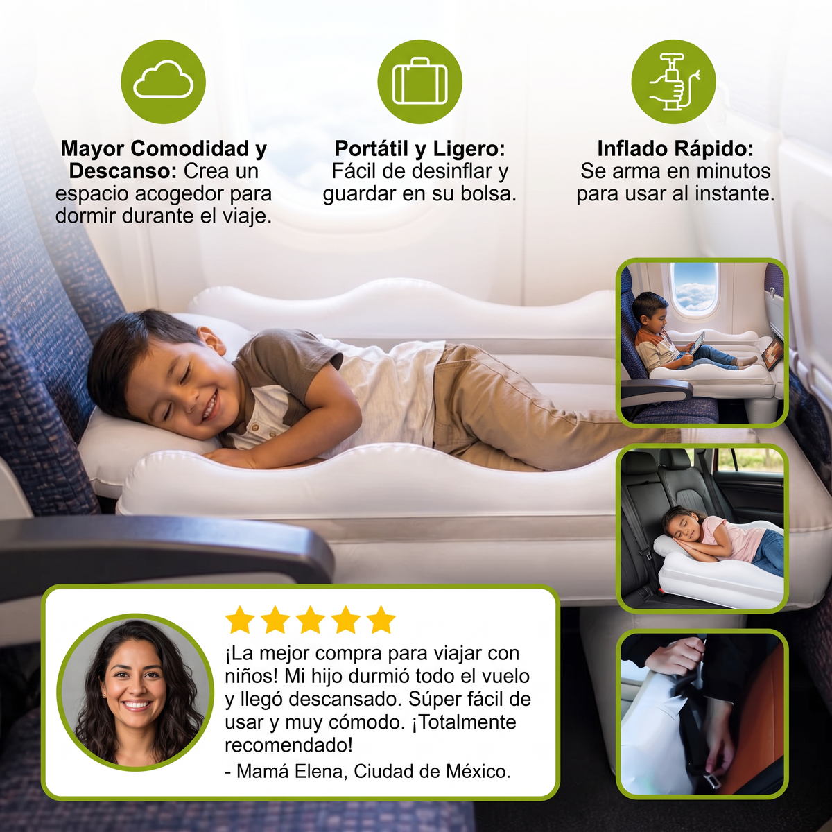 Cama de Viaje Inflable para Niños Pequeños con Extensión de Asiento para Avión y Auto