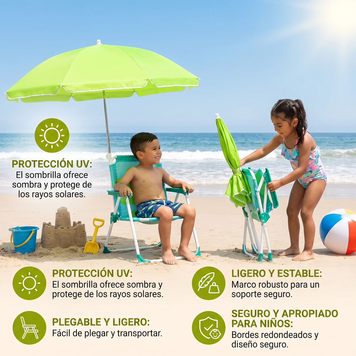 Silla de Playa Plegable para Niños con Sombrilla y Diseño de Dinosaurio