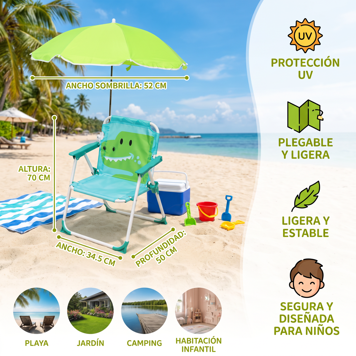 Silla de Playa Plegable para Niños con Sombrilla y Diseño de Dinosaurio