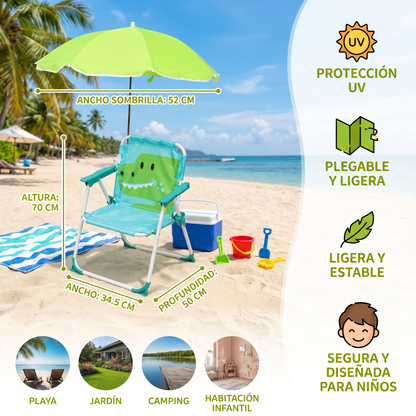 Silla de Playa Plegable para Niños con Sombrilla y Diseño de Dinosaurio