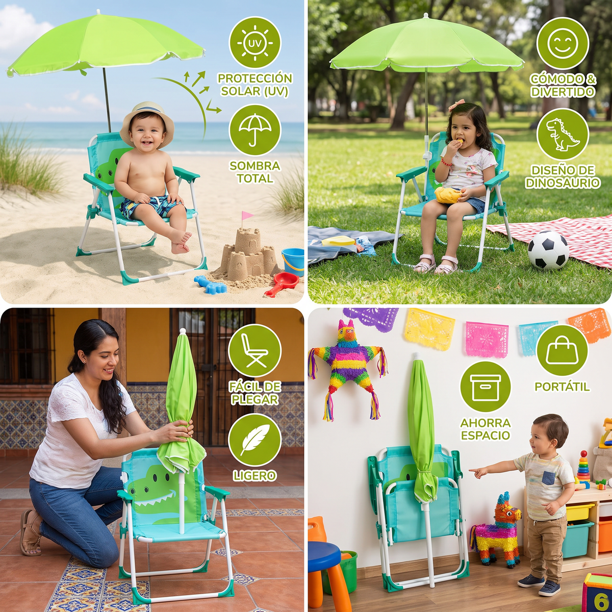 Silla de Playa Plegable para Niños con Sombrilla y Diseño de Dinosaurio