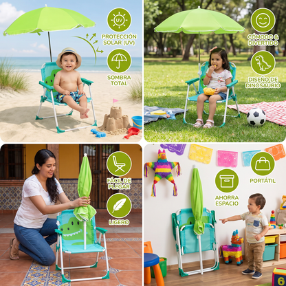 Silla de Playa Plegable para Niños con Sombrilla y Diseño de Dinosaurio