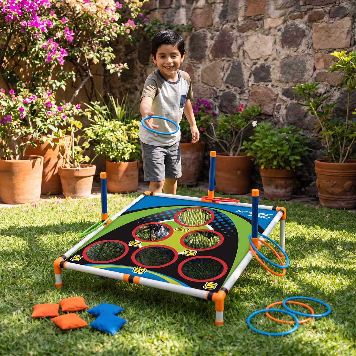 Set de Juego 2 en 1 de Cornhole y Lanzamiento de Aros – Fácil de Instalar, Perfecto para el Jardín y los Viajes