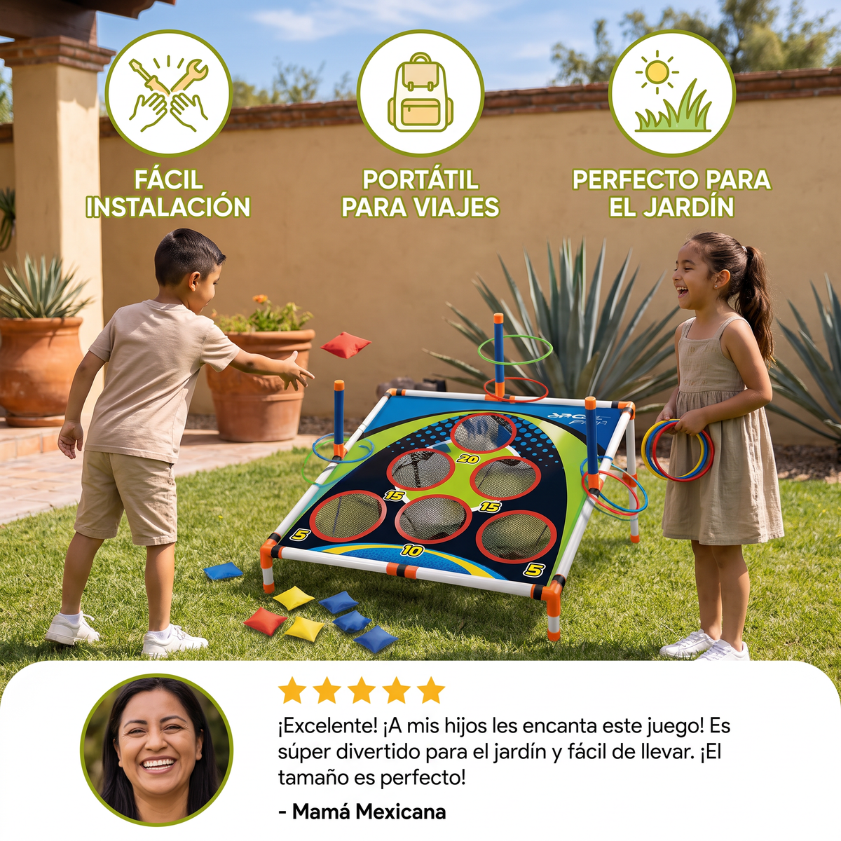 Set de Juego 2 en 1 de Cornhole y Lanzamiento de Aros – Fácil de Instalar, Perfecto para el Jardín y los Viajes
