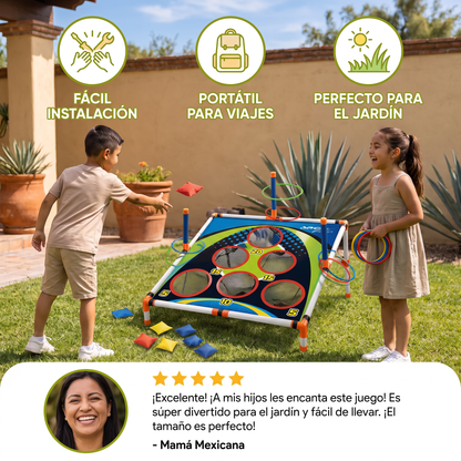 Set de Juego 2 en 1 de Cornhole y Lanzamiento de Aros – Fácil de Instalar, Perfecto para el Jardín y los Viajes