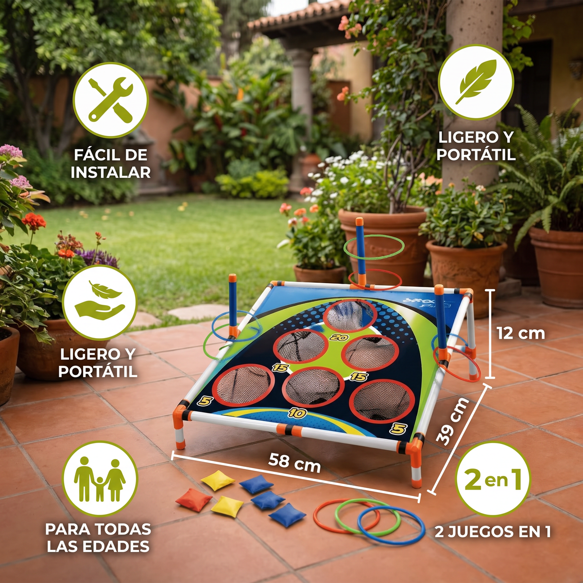 Set de Juego 2 en 1 de Cornhole y Lanzamiento de Aros – Fácil de Instalar, Perfecto para el Jardín y los Viajes