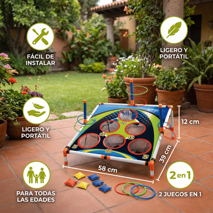 Set de Juego 2 en 1 de Cornhole y Lanzamiento de Aros – Fácil de Instalar, Perfecto para el Jardín y los Viajes