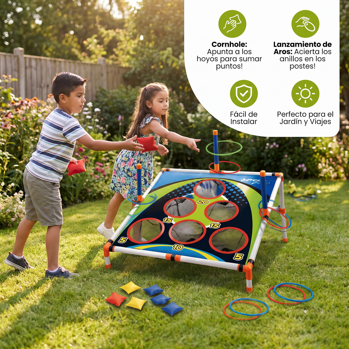Set de Juego 2 en 1 de Cornhole y Lanzamiento de Aros – Fácil de Instalar, Perfecto para el Jardín y los Viajes