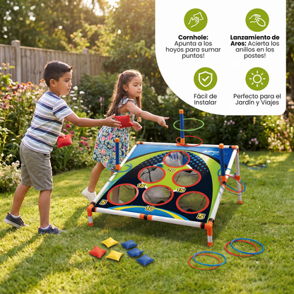 Set de Juego 2 en 1 de Cornhole y Lanzamiento de Aros – Fácil de Instalar, Perfecto para el Jardín y los Viajes