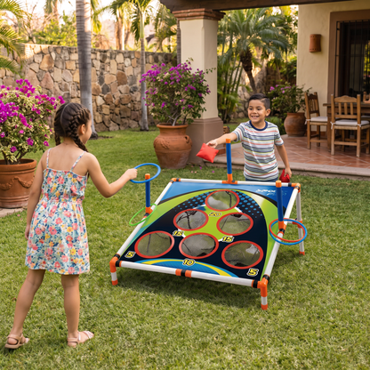 Set de Juego 2 en 1 de Cornhole y Lanzamiento de Aros – Fácil de Instalar, Perfecto para el Jardín y los Viajes