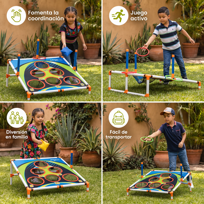 Set de Juego 2 en 1 de Cornhole y Lanzamiento de Aros – Fácil de Instalar, Perfecto para el Jardín y los Viajes