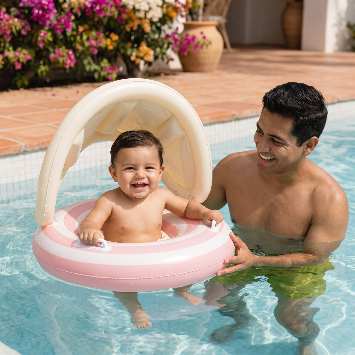 Flotador inflable retro en forma de paleta para bebé con toldo desmontable – Asiento seguro de 6 a 36 meses