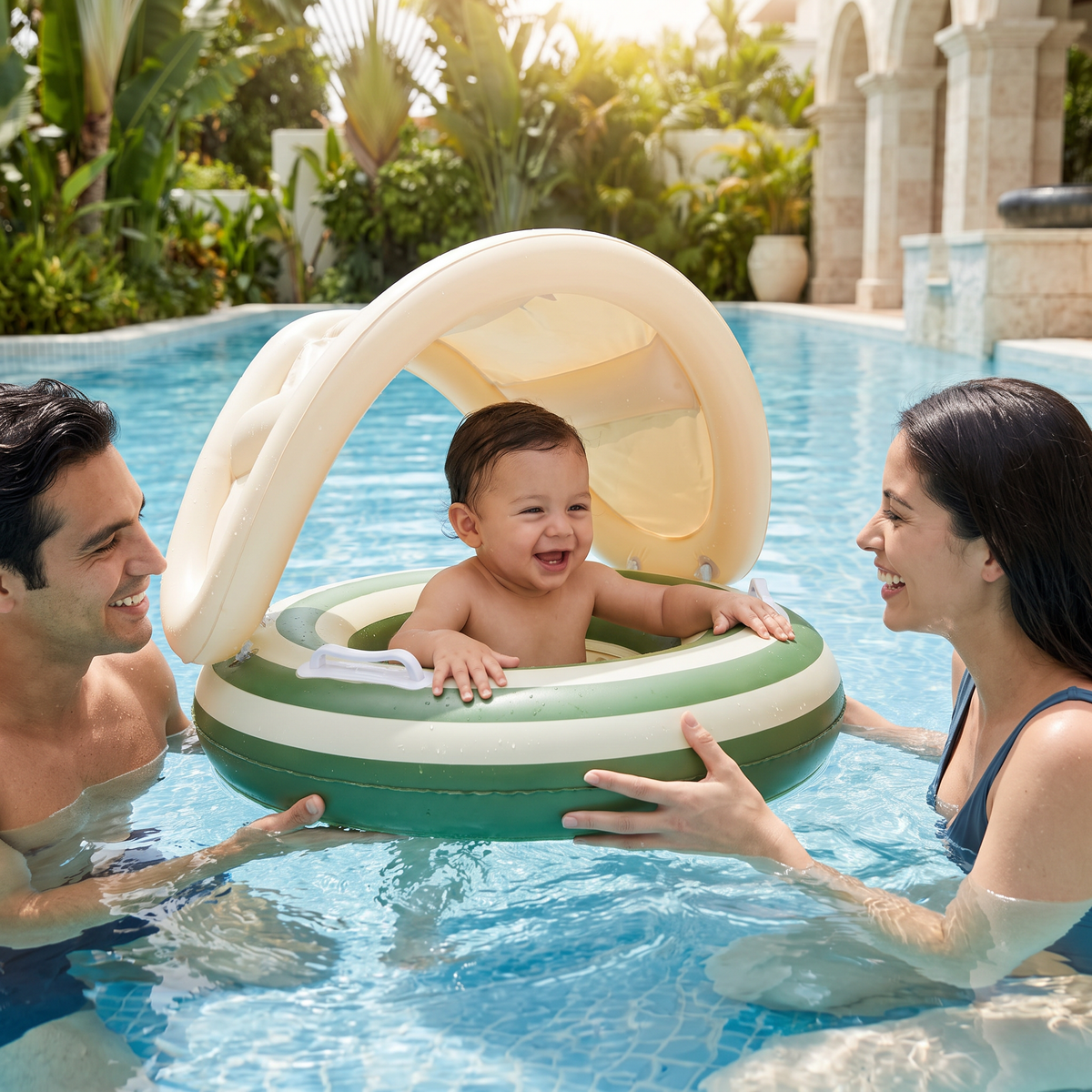 Flotador inflable retro en forma de paleta para bebé con toldo desmontable – Asiento seguro de 6 a 36 meses