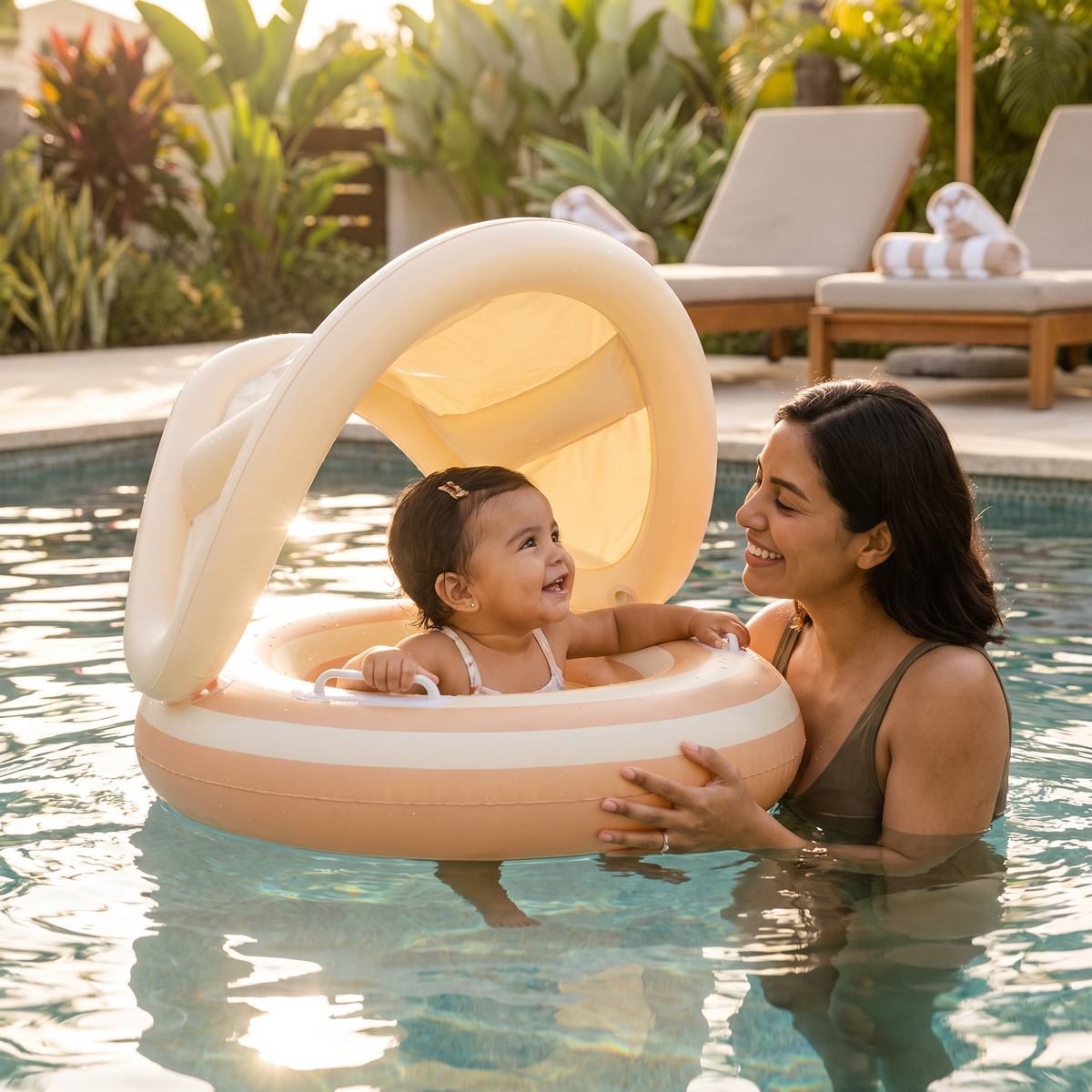 Flotador inflable retro en forma de paleta para bebé con toldo desmontable – Asiento seguro de 6 a 36 meses