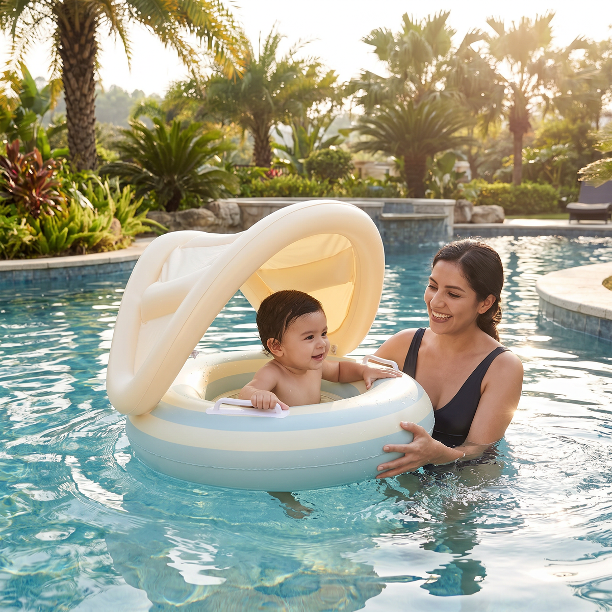 Flotador inflable retro en forma de paleta para bebé con toldo desmontable – Asiento seguro de 6 a 36 meses
