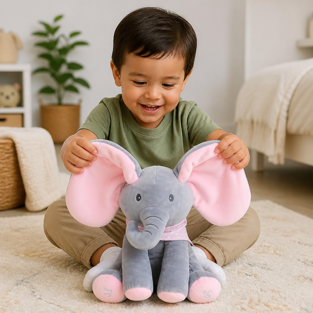 Elefante interactivo de tela con juego de escondidas (Peek-A-Boo)