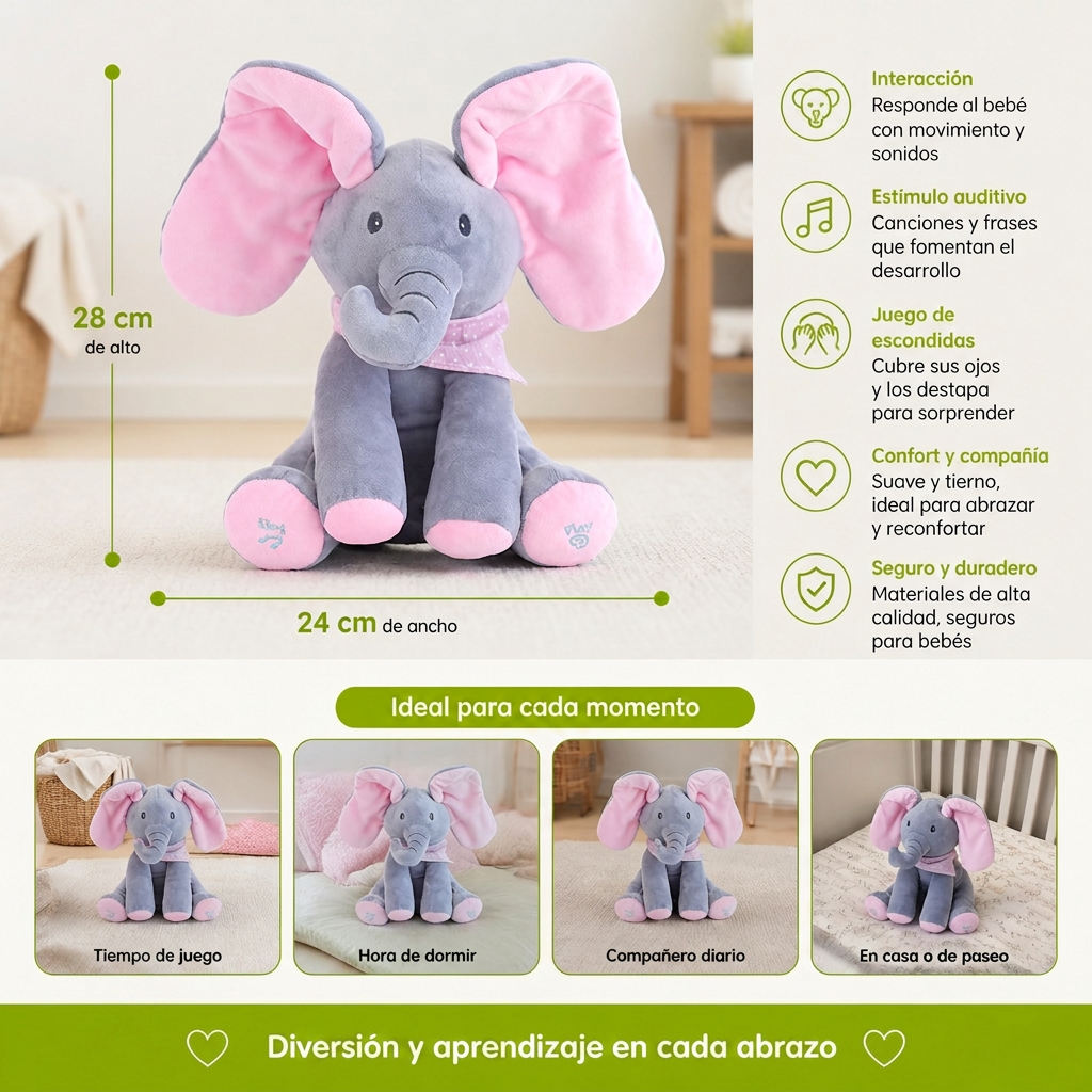 Elefante interactivo de tela con juego de escondidas (Peek-A-Boo)
