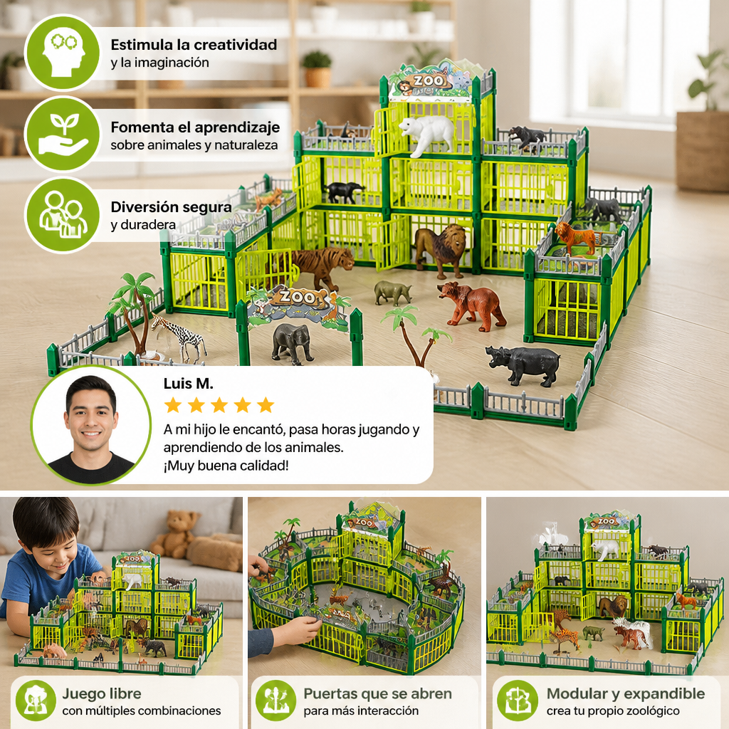 Set de Zoológico Modular Para Construir con Figuras de Animales y Jaulas Interactivas
