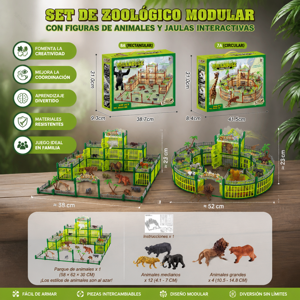 Set de Zoológico Modular Para Construir con Figuras de Animales y Jaulas Interactivas