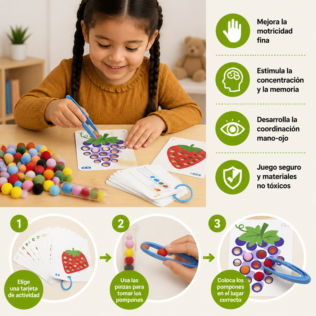 Juego Montessori de Pompones de Colores y Números Para Desarrollar la Motricidad Fina