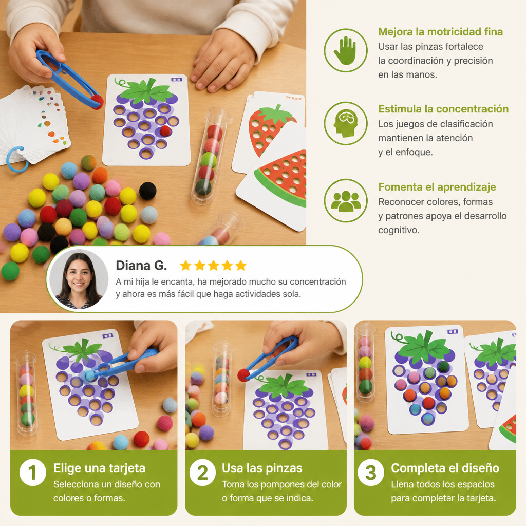 Juego Montessori de Pompones de Colores y Números Para Desarrollar la Motricidad Fina