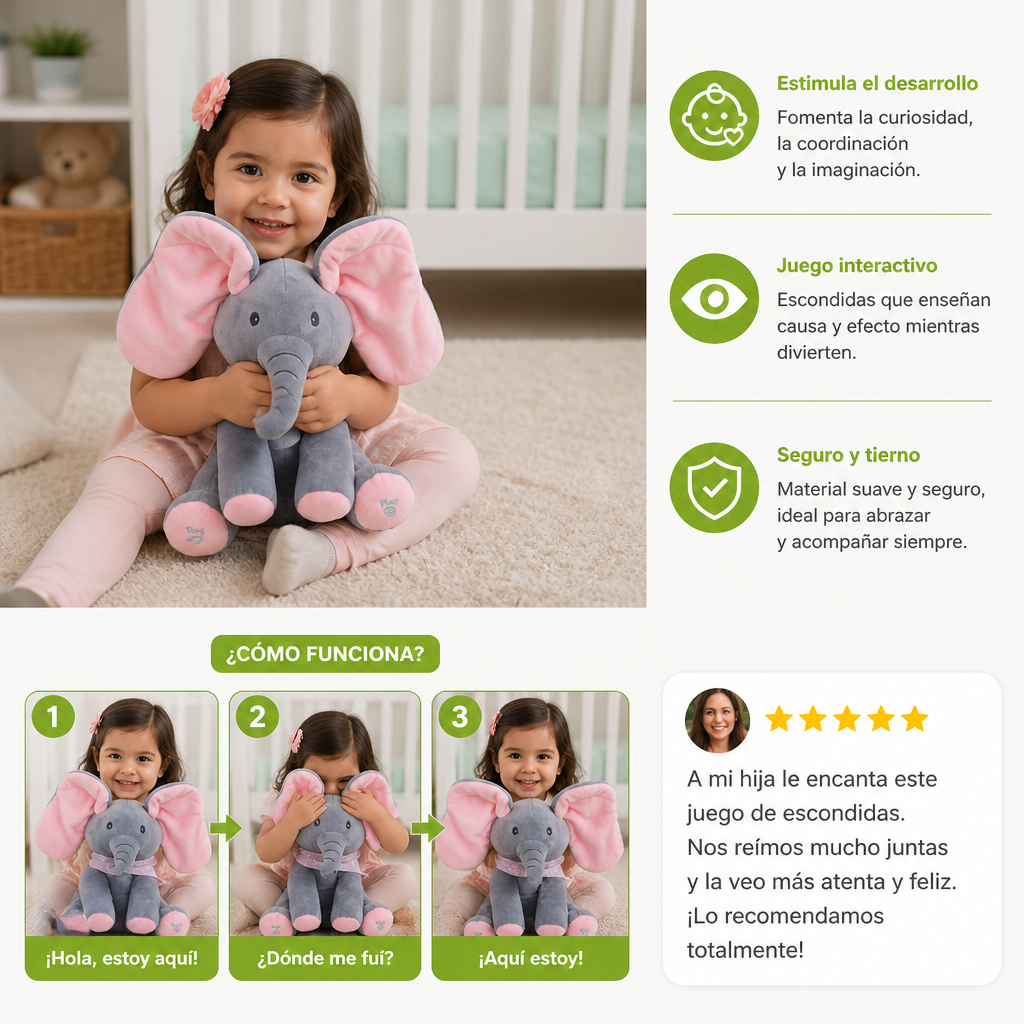 Elefante interactivo de tela con juego de escondidas (Peek-A-Boo)