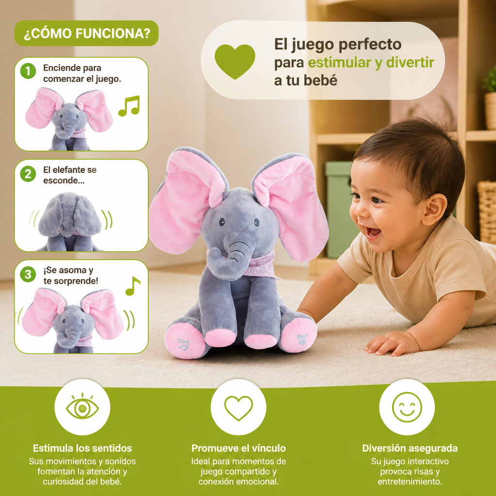 Elefante interactivo de tela con juego de escondidas (Peek-A-Boo)