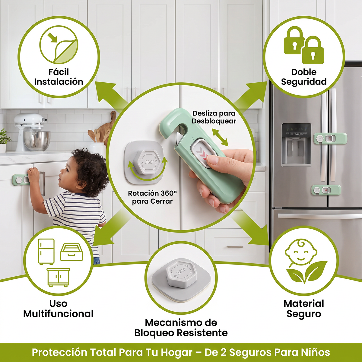 Set De 2 Seguros Para Niños Para Gabinetes, Refrigeradores Y Cajones – Cierre De Seguridad Multifuncional Para Bebés Y Niños