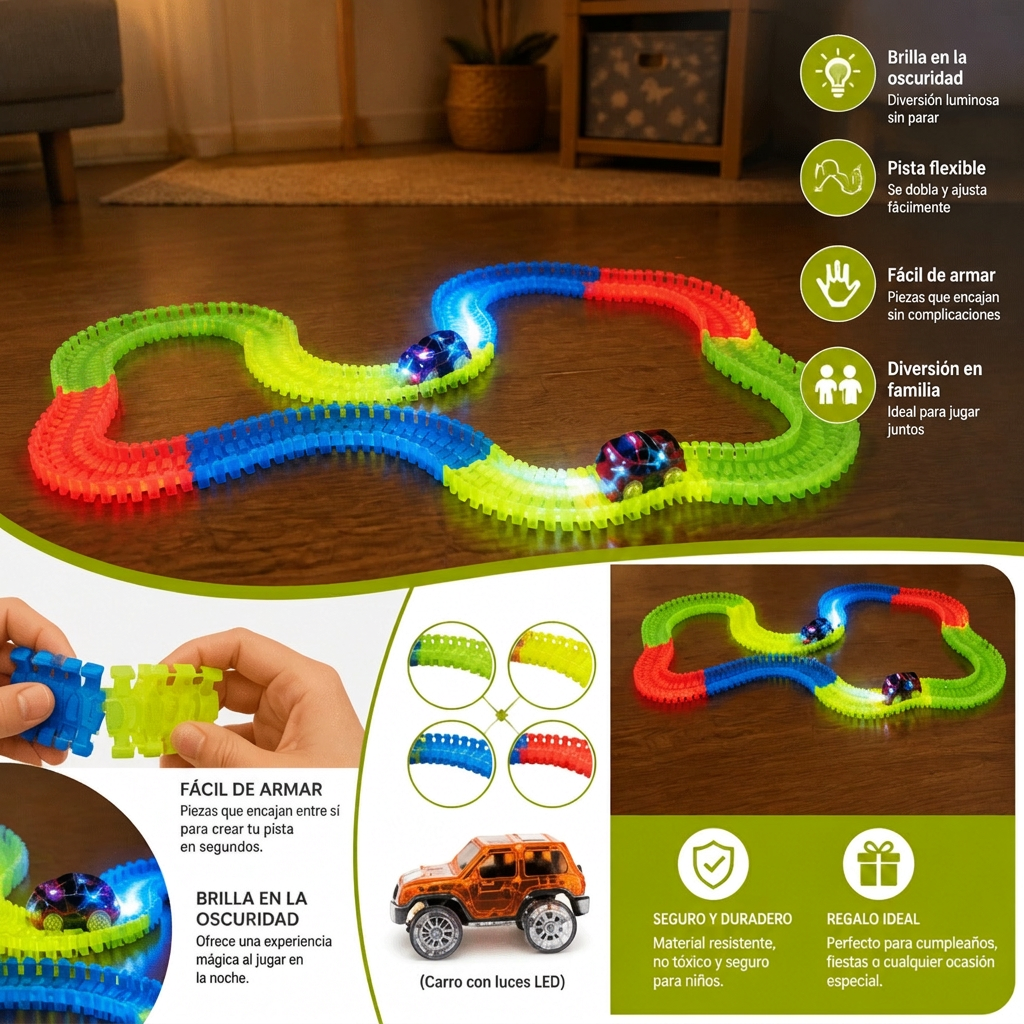Pista Flexible de Arena que Brilla en la Oscuridad para Niños