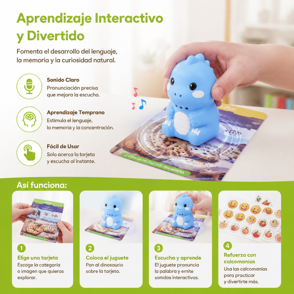 Tarjetas Didácticas Parlantes y Calcomanías de Dinosaurios – Set Montessori para Aprender Fonética y Palabras de Uso Frecuente