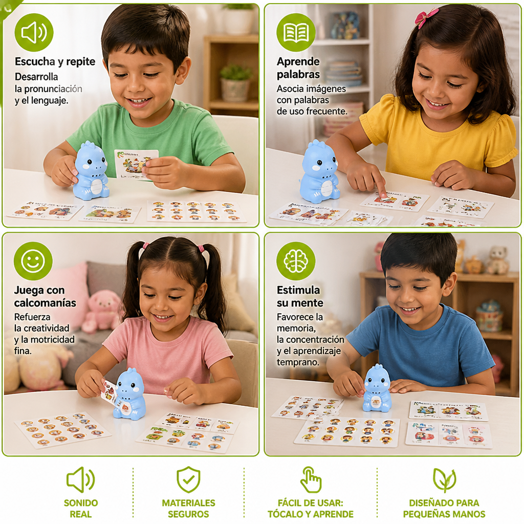 Tarjetas Didácticas Parlantes y Calcomanías de Dinosaurios – Set Montessori para Aprender Fonética y Palabras de Uso Frecuente