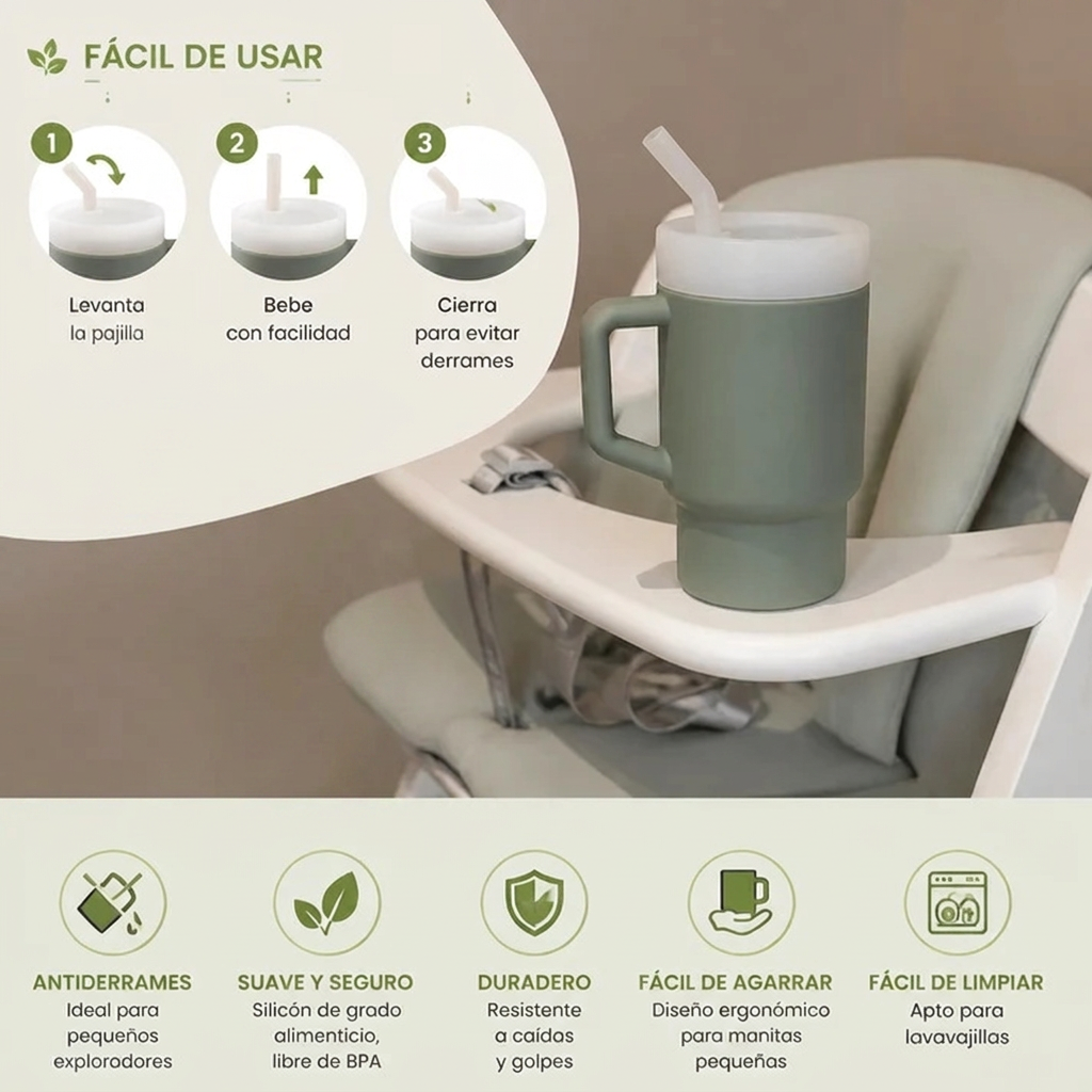 Vaso de Silicón Antiderrames con Popote para Niños Pequeños