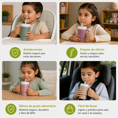 Vaso de Silicón Antiderrames con Popote para Niños Pequeños