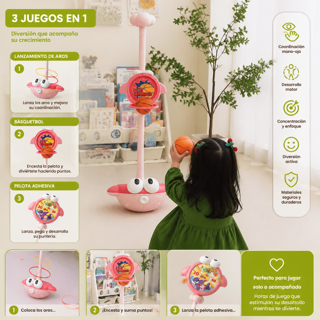 Juego Educativo de Actividades 3 en 1 – Lanzamiento de Aros, Básquetbol y Pelota Adhesiva