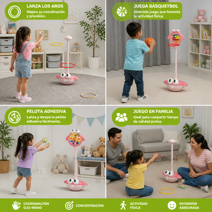 Juego Educativo de Actividades 3 en 1 – Lanzamiento de Aros, Básquetbol y Pelota Adhesiva