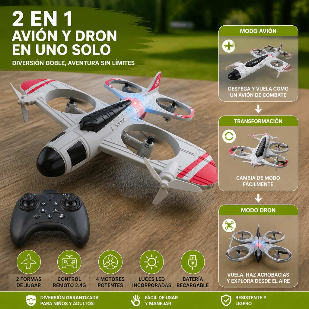 Juguete 2 en 1 de Avión de Combate y Dron a Control Remoto