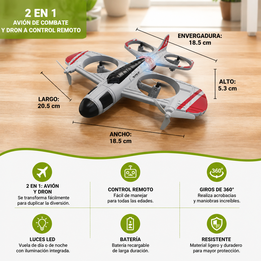 Juguete 2 en 1 de Avión de Combate y Dron a Control Remoto