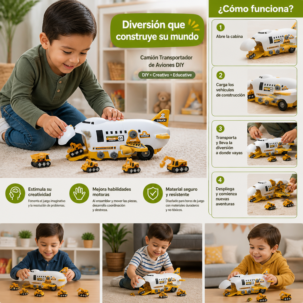 Set De Juego DIY “Camión Transportador De Aviones” Con Vehículos De Construcción