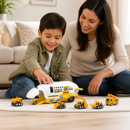 Set De Juego DIY “Camión Transportador De Aviones” Con Vehículos De Construcción