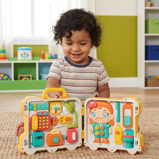 Tablero De Actividades De Autobús Para Niños Con Muñeca Y Juegos De Aprendizaje