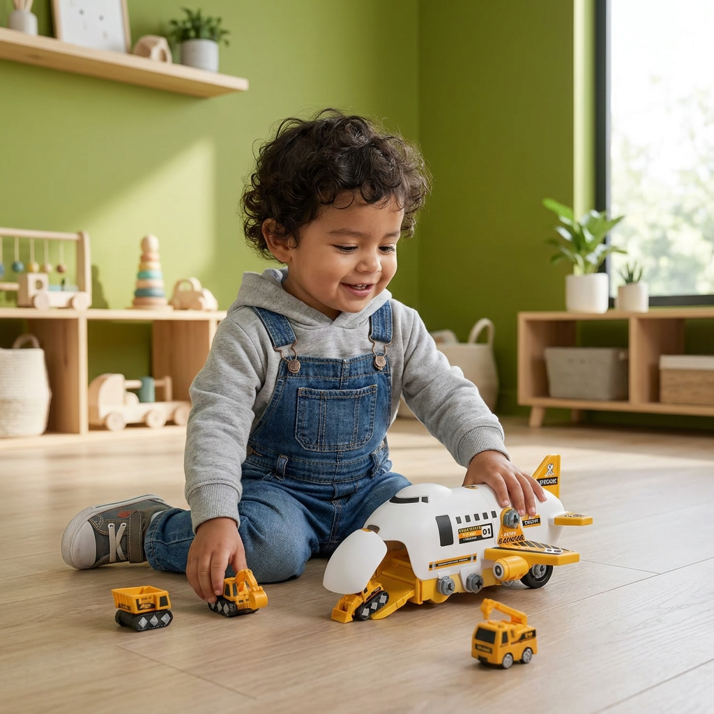 Set De Juego DIY “Camión Transportador De Aviones” Con Vehículos De Construcción
