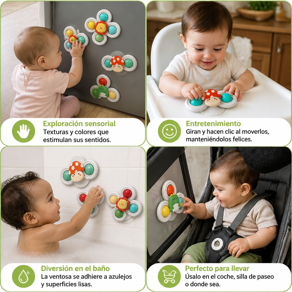Set de 3 adorables juguetes giratorios con ventosa para bebés