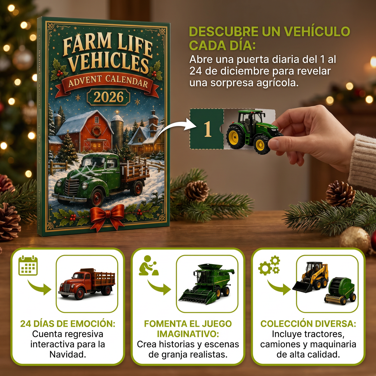 Calendario de Adviento Navideño de 24 Días con Vehículos Agrícolas