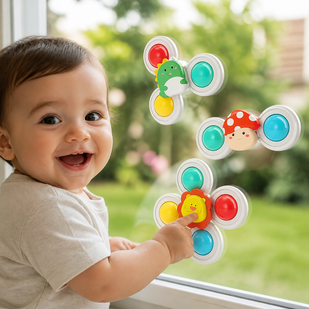 Set de 3 adorables juguetes giratorios con ventosa para bebés