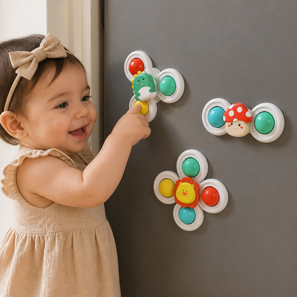 Set de 3 adorables juguetes giratorios con ventosa para bebés