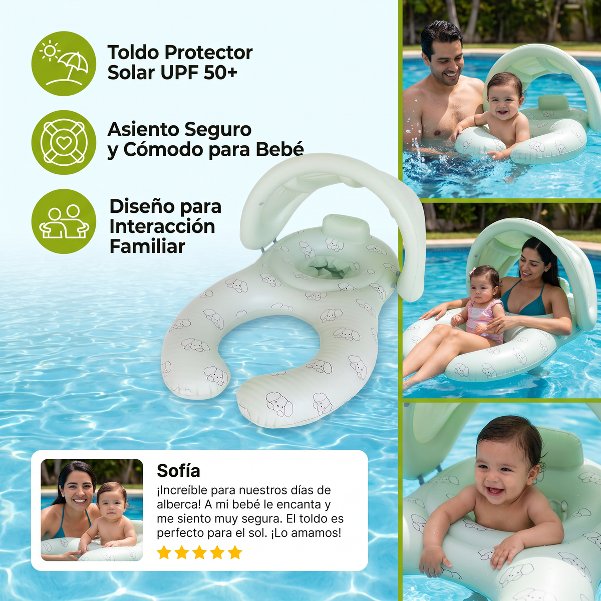 Flotador Inflable para Mamá o Papá y Bebé con Toldo Protector Solar