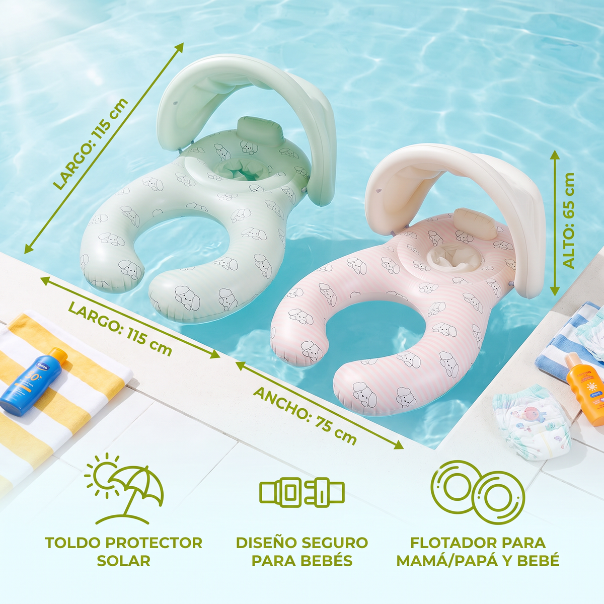 Flotador Inflable para Mamá o Papá y Bebé con Toldo Protector Solar