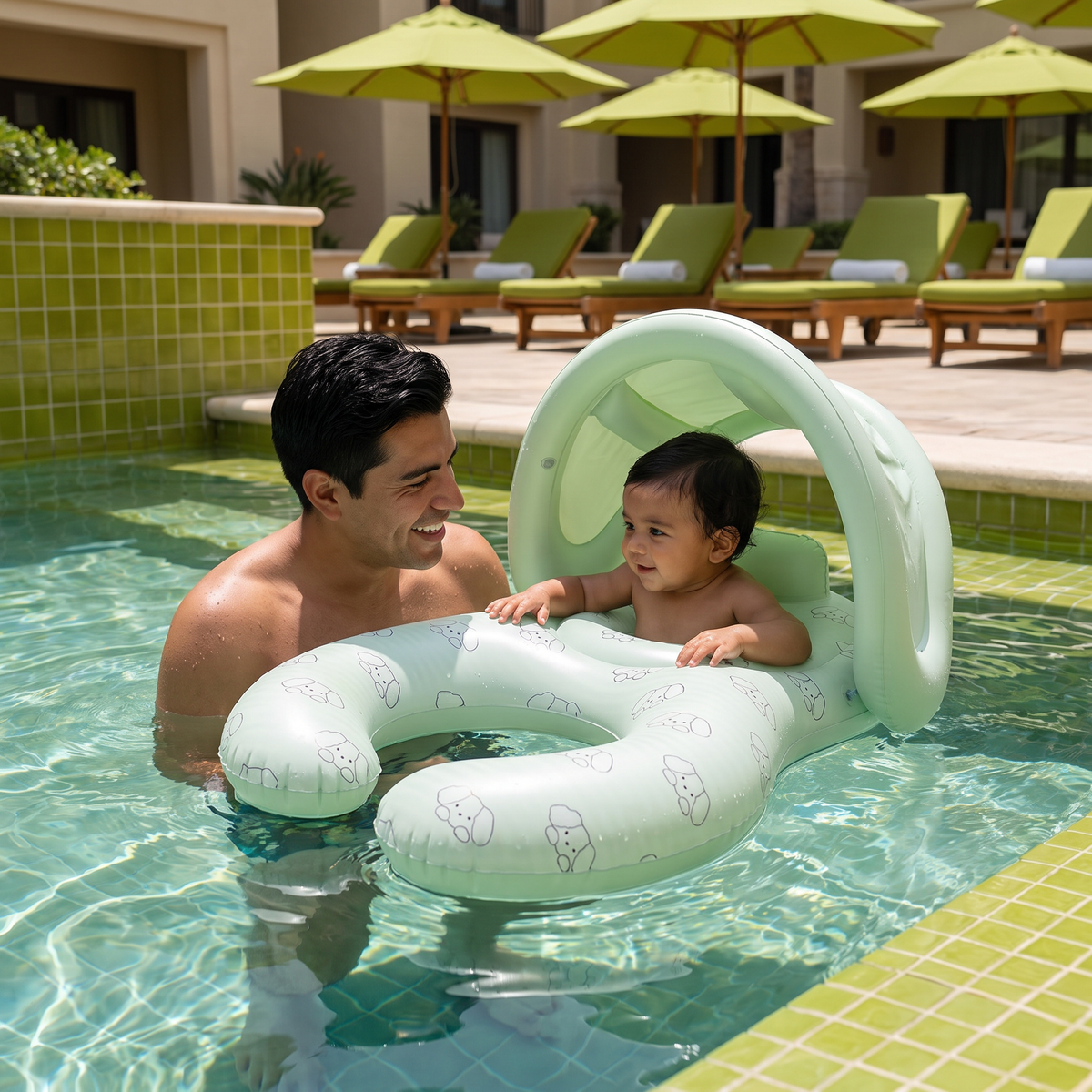 Flotador Inflable para Mamá o Papá y Bebé con Toldo Protector Solar