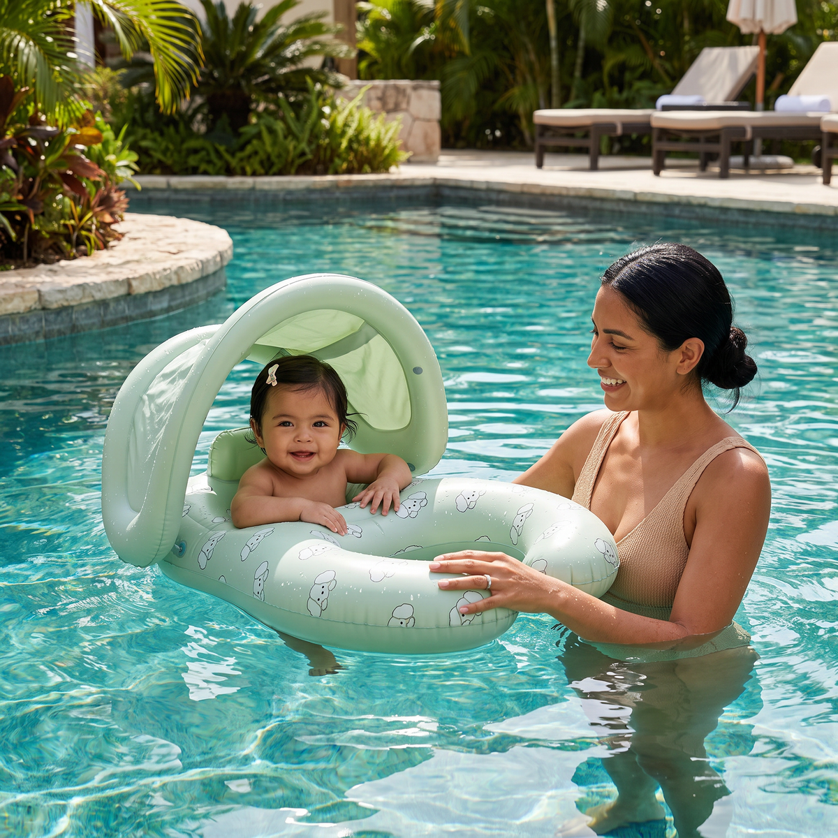 Flotador Inflable para Mamá o Papá y Bebé con Toldo Protector Solar