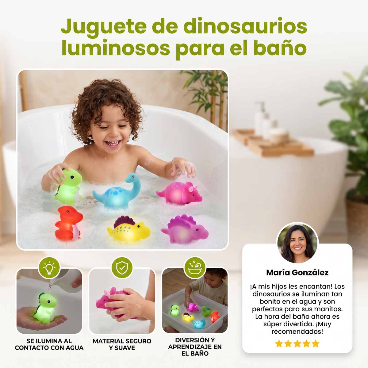 Juguete de dinosaurios luminosos para el baño